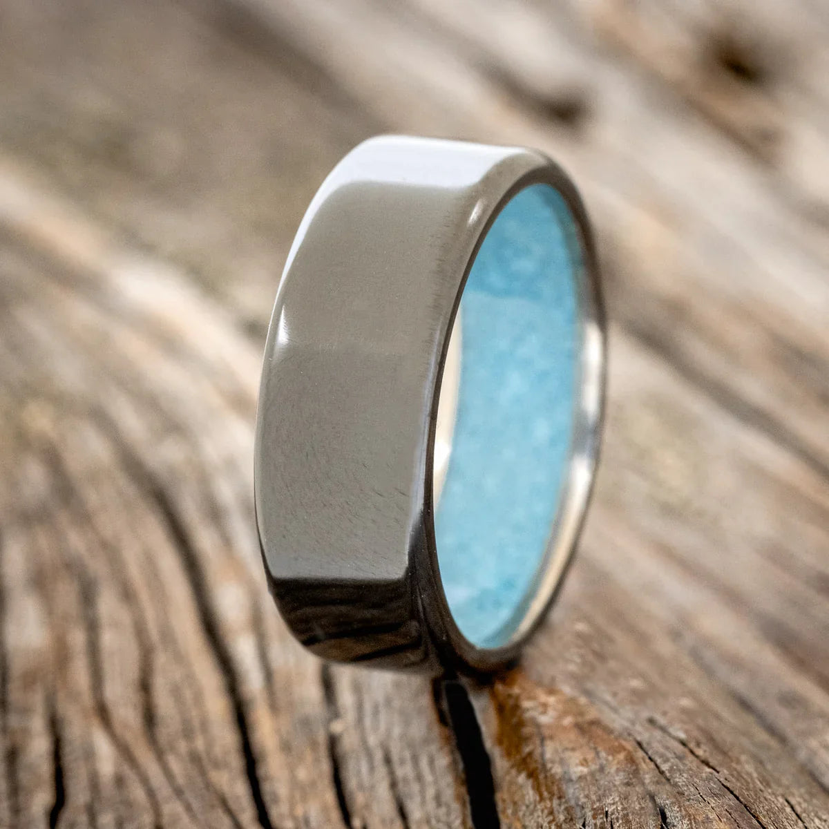 "Hyperion" - Turquoise Lined Wedding Band - Black Zirconium (8mm) - Size 9 1/2