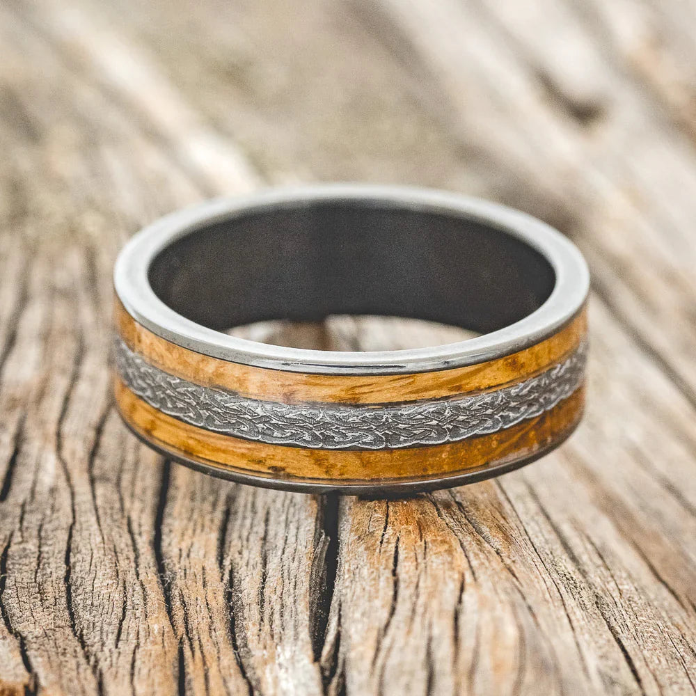 "Ryder" - Celtic Love Knot Engraved Whiskey Barrel Oak Wedding Ring - Black Zirconium (8mm) - Size 10
