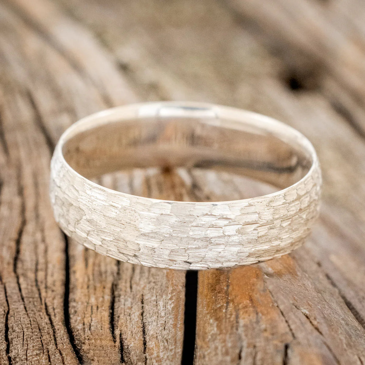 Domed Profile Wedding Band With Hammered Finish - Silver (6mm) - Size 10