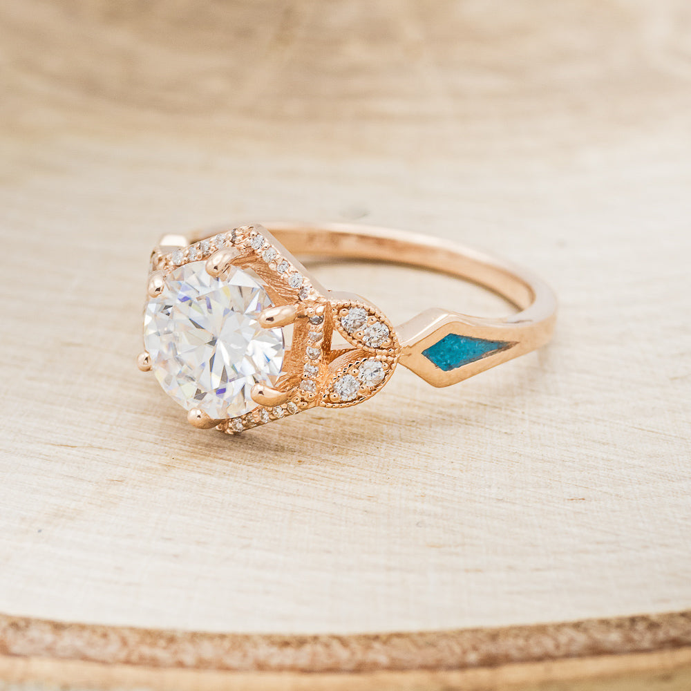 "Lucy In The Sky" - Round Cut Moissanite Engagement Ring With Diamonds, Turquoise Inlays & A Diamond Tracer