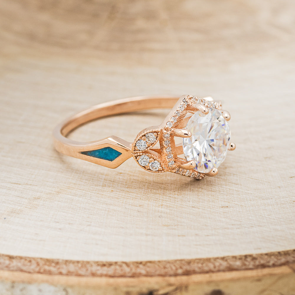 "Lucy In The Sky" - Round Cut Moissanite Engagement Ring With Diamonds, Turquoise Inlays & A Diamond Tracer