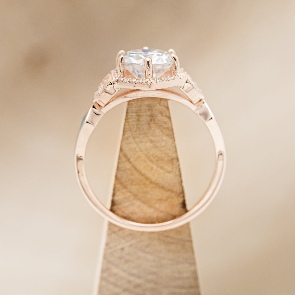 "Lucy In The Sky" - Round Cut Moissanite Engagement Ring With Diamonds, Turquoise Inlays & A Diamond Tracer