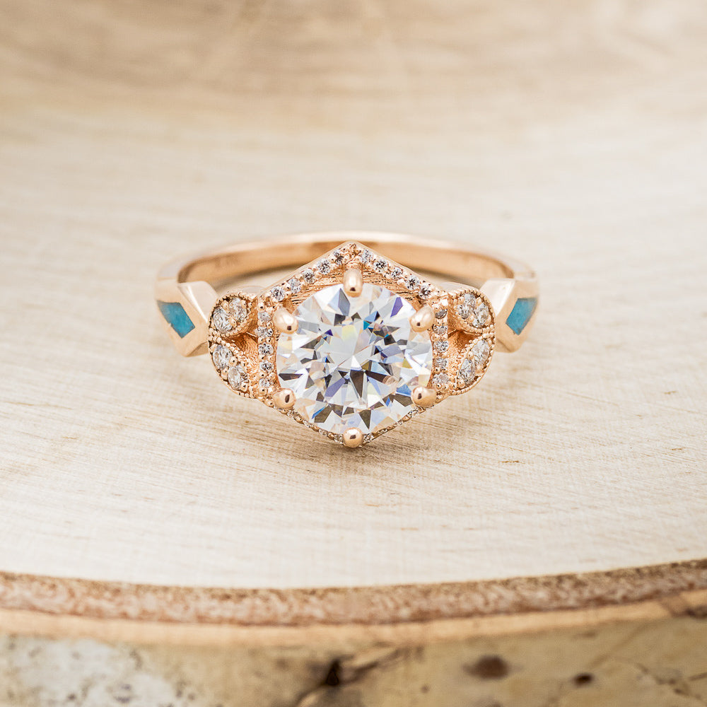 "Lucy In The Sky" - Round Cut Moissanite Engagement Ring With Diamonds, Turquoise Inlays & A Diamond Tracer