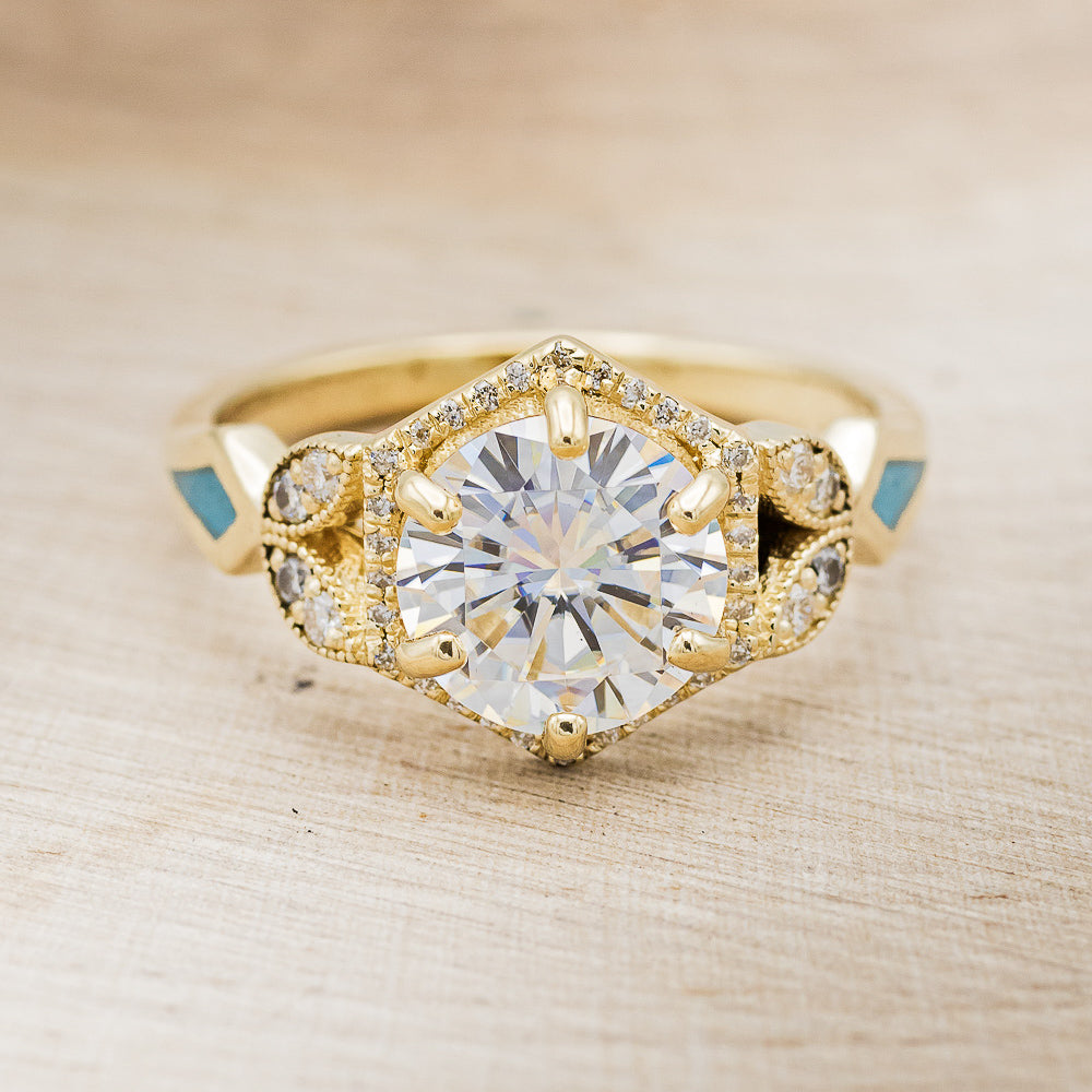 "Lucy In The Sky" - Round Cut Moissanite Engagement Ring With Diamonds, Turquoise Inlays & A Diamond Tracer