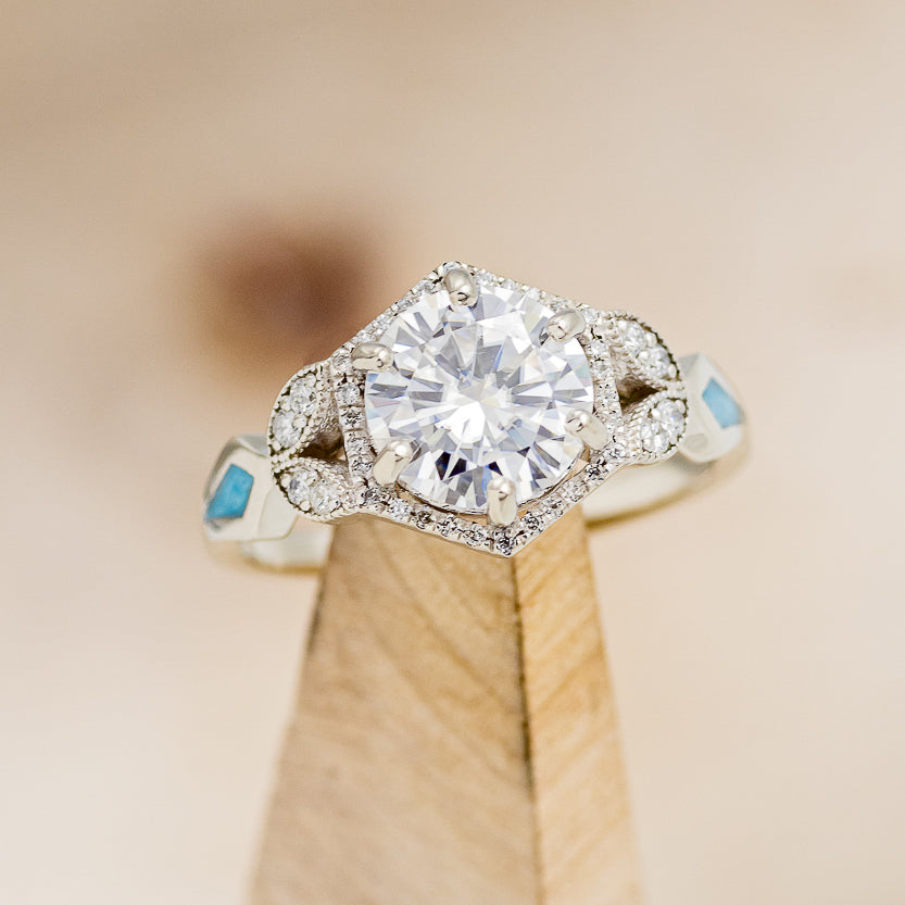 "Lucy In The Sky" - Round Cut Moissanite Engagement Ring With Diamonds, Turquoise Inlays & A Diamond Tracer