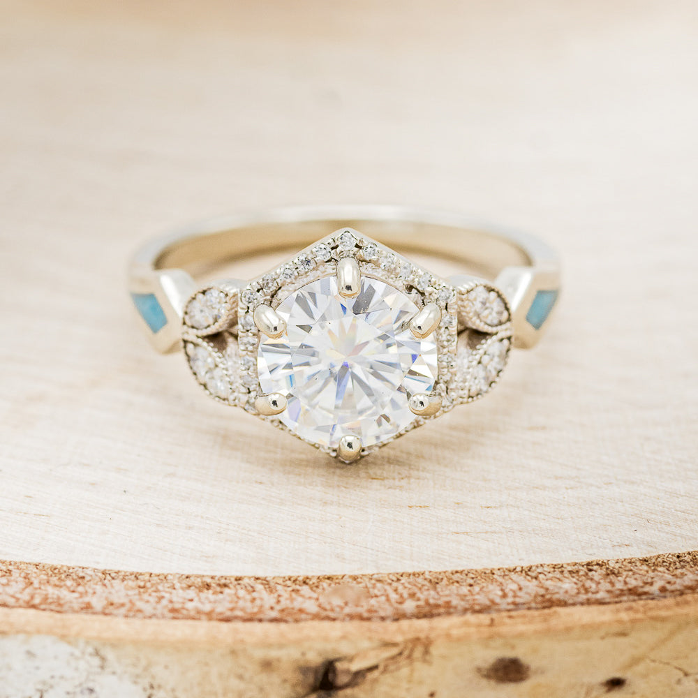 "Lucy In The Sky" - Round Cut Moissanite Engagement Ring With Diamonds, Turquoise Inlays & A Diamond Tracer