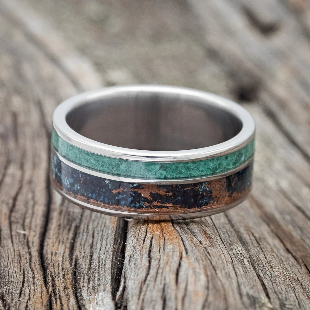 "Raptor" - Patina Copper & Malachite Wedding Band - Titanium (8mm) - Size 7 1/4