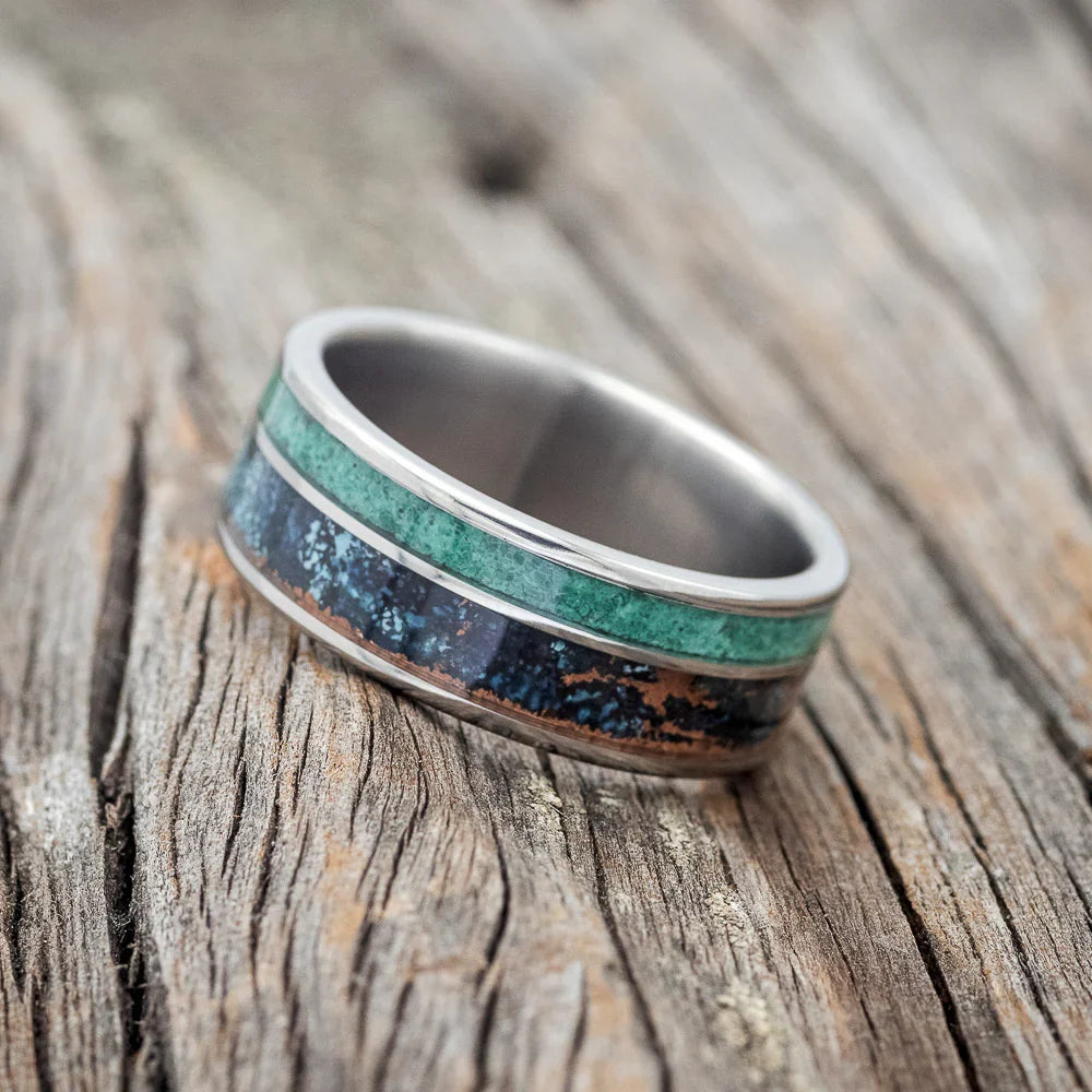 "Raptor" - Patina Copper & Malachite Wedding Band - Titanium (8mm) - Size 7 1/4