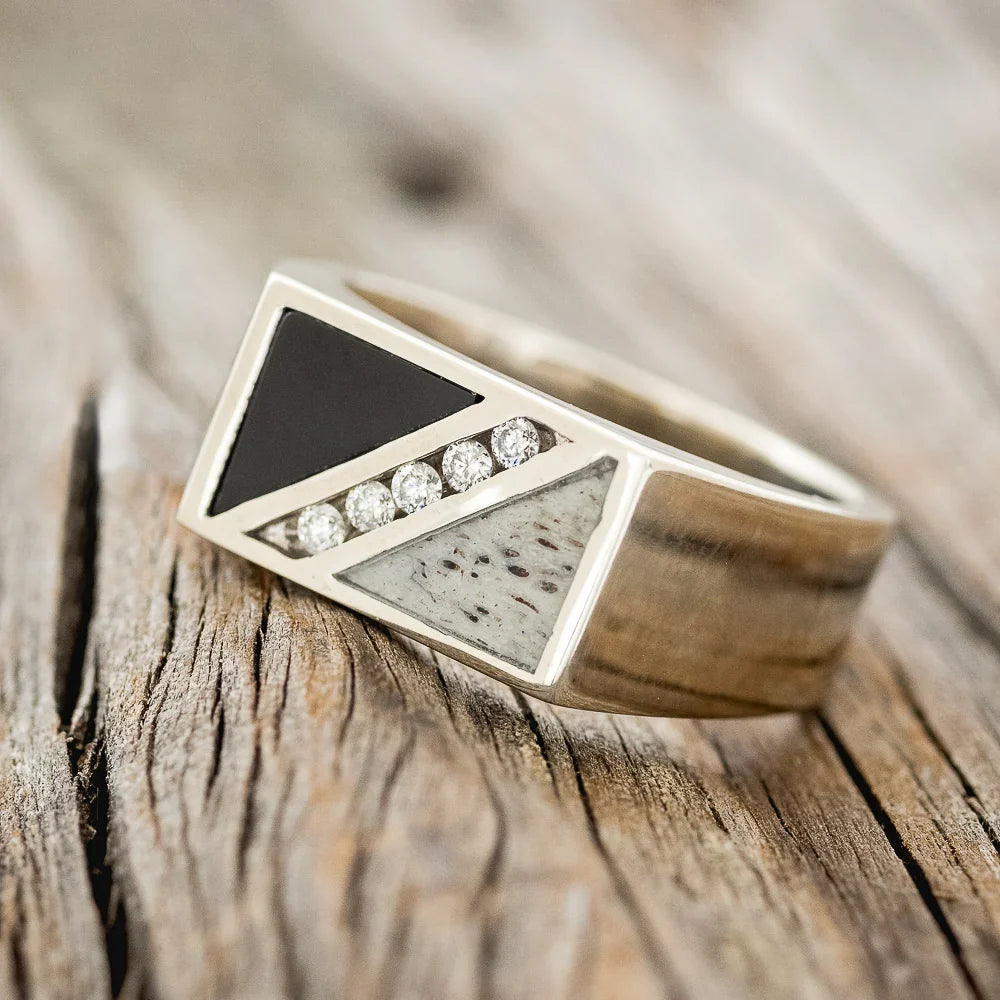 "Alden" - Black Onyx, Antler & Diamond Wedding Band - 14K White Gold (8mm) - Size 11