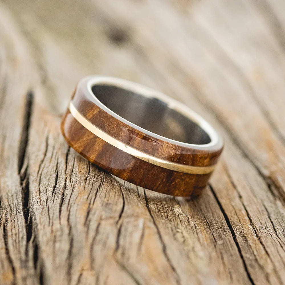 "Golden" - Redwood & 14K Yellow Gold Inlay Wedding Band - Titanium (8mm) - Size 9