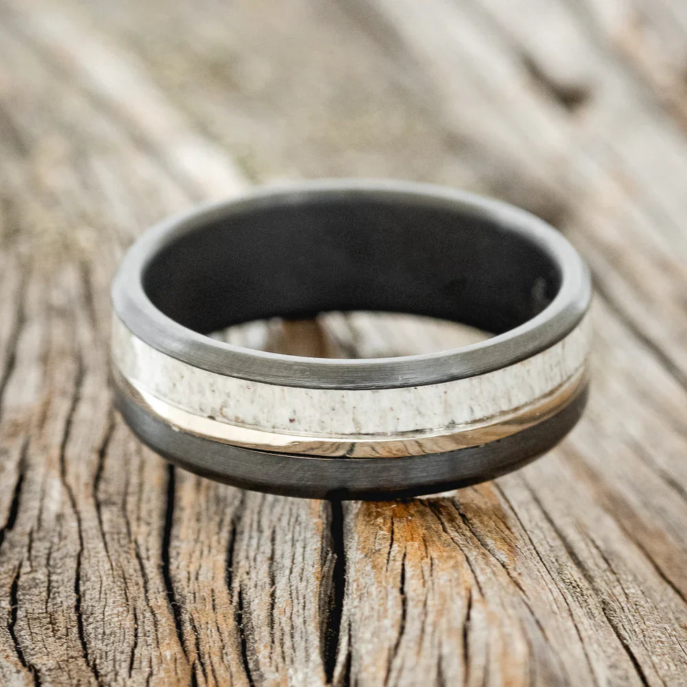 "Tanner" - Antler & 14K White Gold Inlay Wedding Ring - Black Zirconium (8mm) - Size 10 3/4