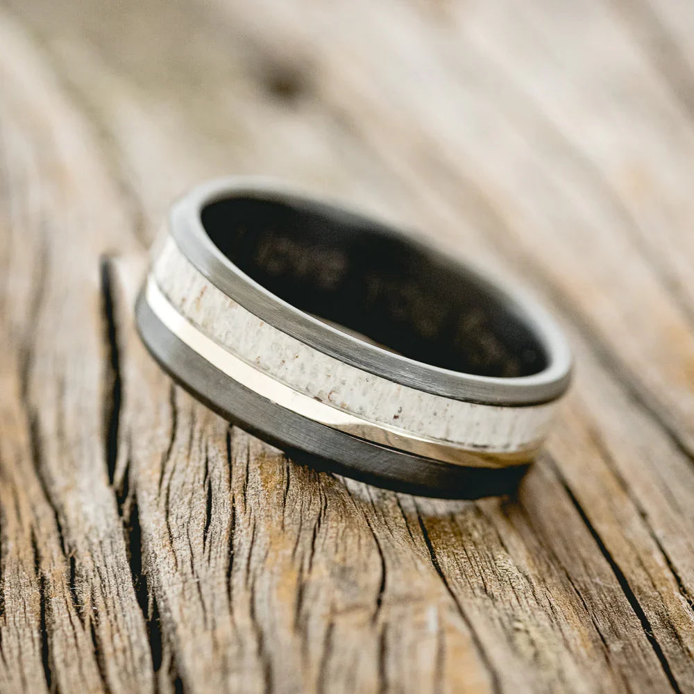 "Tanner" - Antler & 14K White Gold Inlay Wedding Ring - Black Zirconium (8mm) - Size 10 3/4