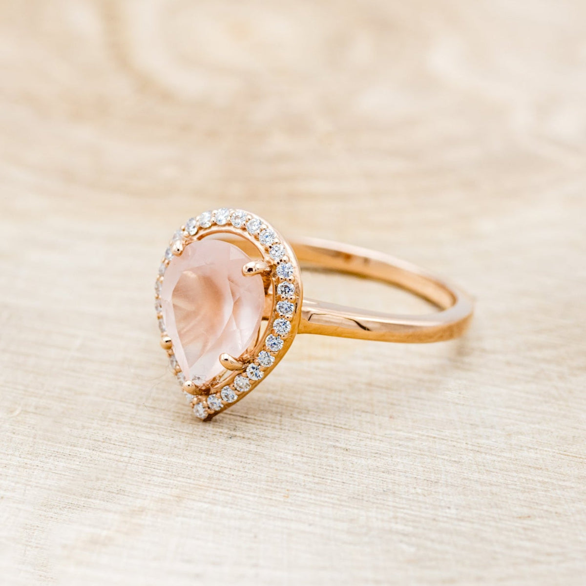 "Clariss" - Pear Cut Rose Quartz Engagement Ring With Diamond Halo