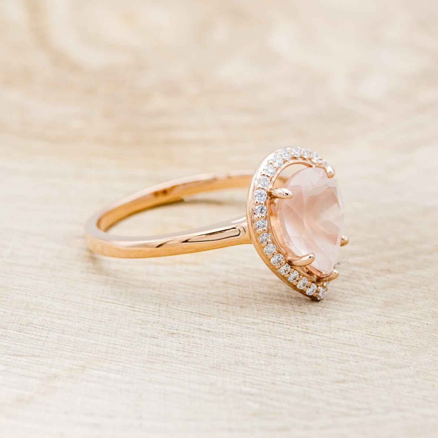 "Clariss" - Pear Cut Rose Quartz Engagement Ring With Diamond Halo