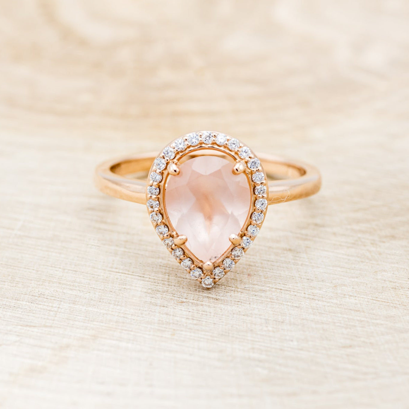 "Clariss" - Pear Cut Rose Quartz Engagement Ring With Diamond Halo