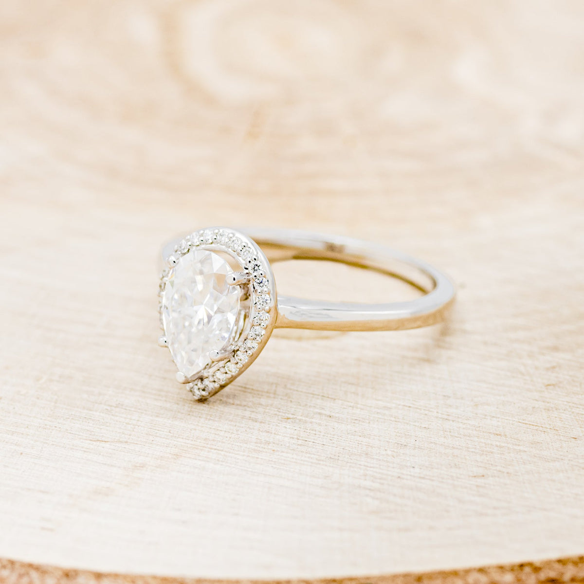 "Clariss" - Pear Cut Moissanite Engagement Ring With Diamond Halo