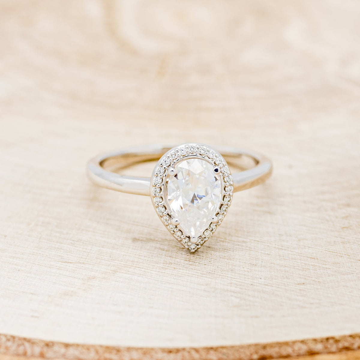 "Clariss" - Pear Cut Moissanite Engagement Ring With Diamond Halo