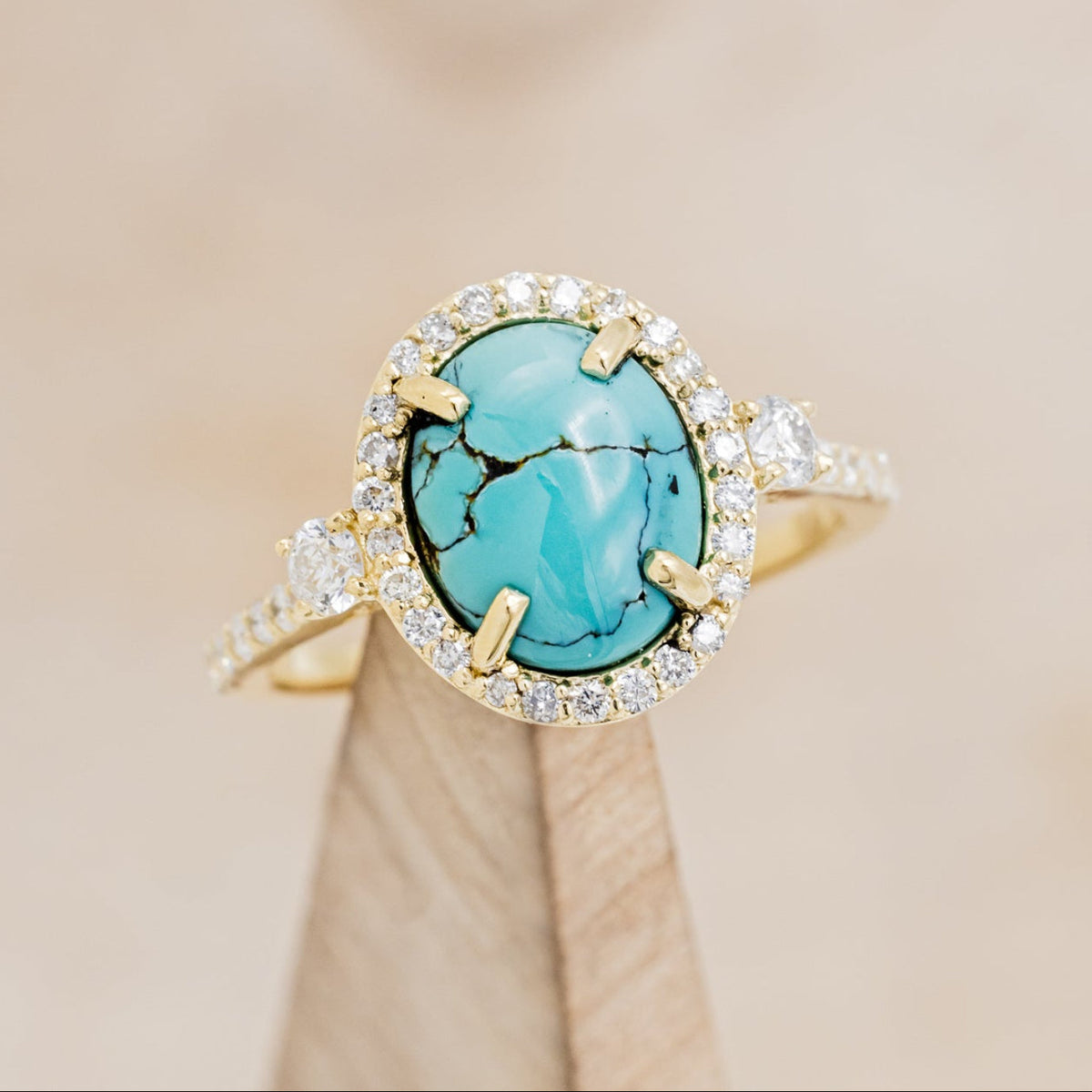 "KB" - Oval Turquoise Engagement Ring With Diamond Halo & Accents - Ready To Ship