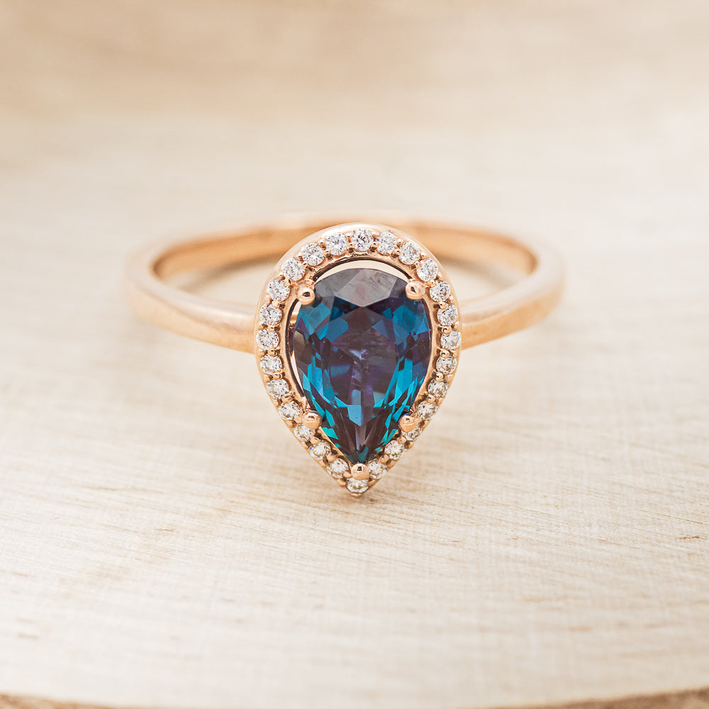 "Clariss" - Pear Cut Engagement Ring With Diamond Accents & A Contoured Stacker