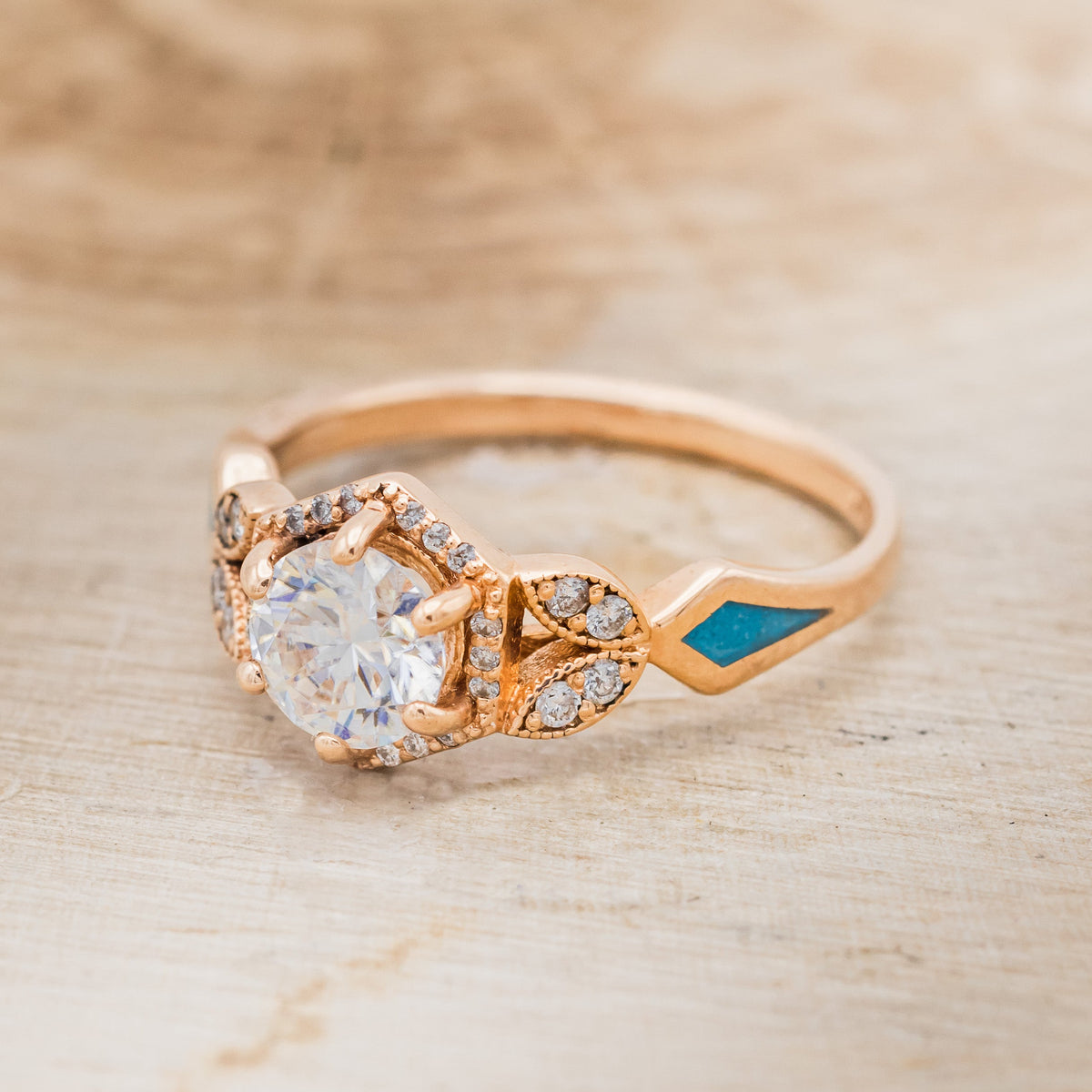 "Lucy In The Sky" Petite - Round Cut Moissanite Engagement Ring With Diamond Accents & Turquoise Inlays