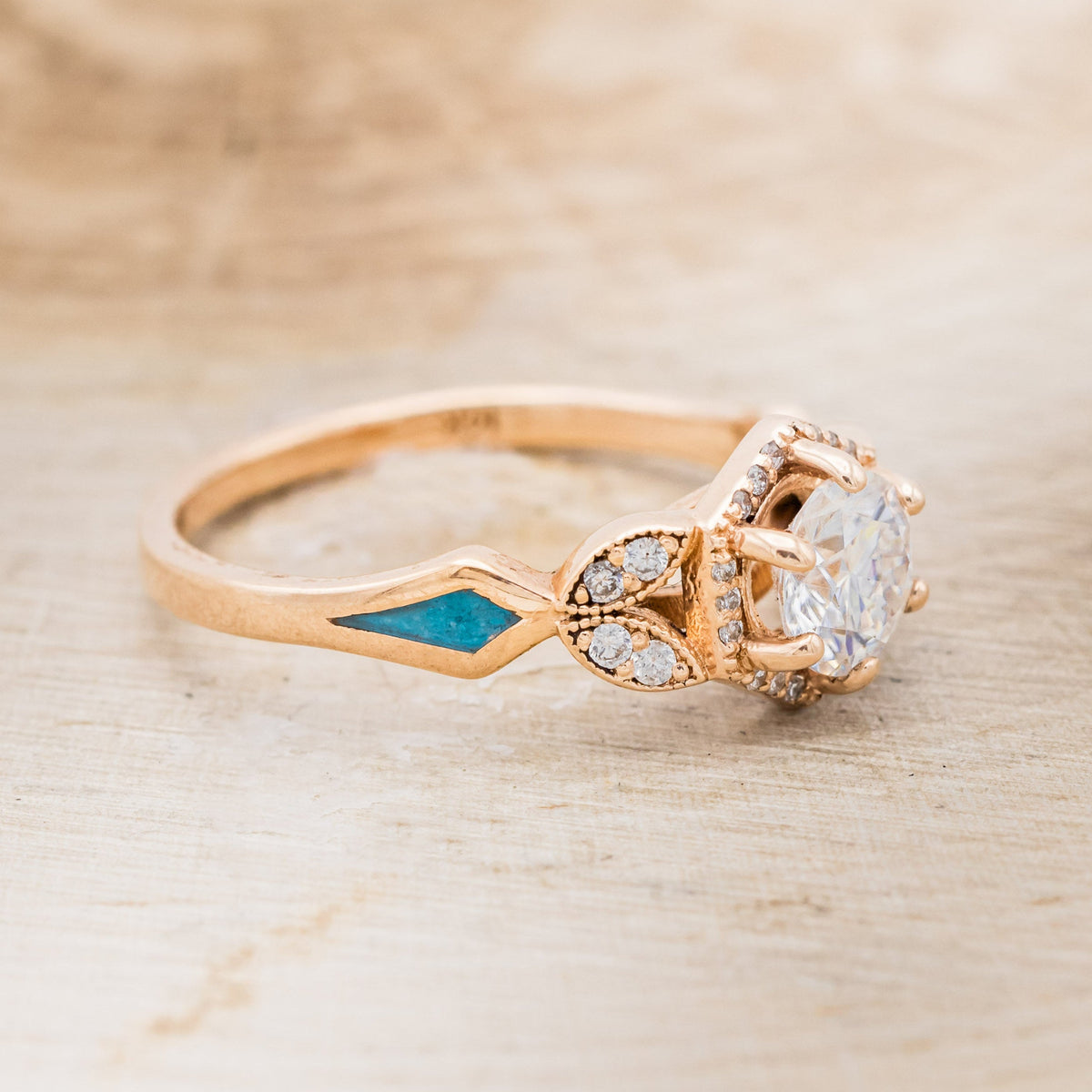 "Lucy In The Sky" Petite - Round Cut Moissanite Engagement Ring With Diamond Accents & Turquoise Inlays