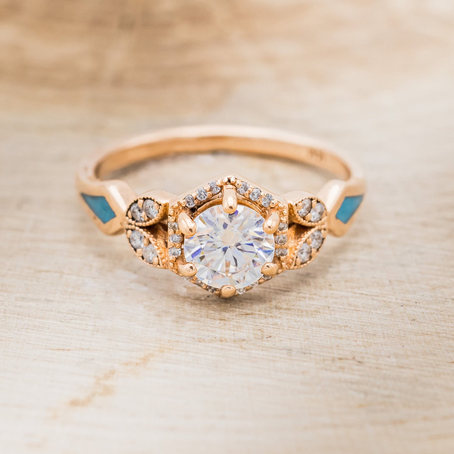 "Lucy In The Sky" Petite - Round Cut Moissanite Engagement Ring With Diamond Accents & Turquoise Inlays