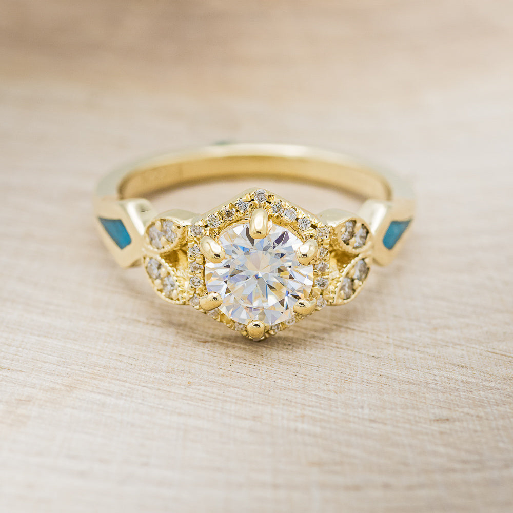 "Lucy In The Sky" Petite - Round Cut Moissanite Engagement Ring With Diamond Accents & Turquoise Inlays
