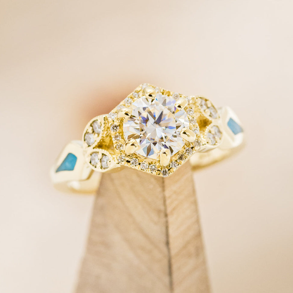 "Lucy In The Sky" Petite - Round Cut Moissanite Engagement Ring With Diamond Accents & Turquoise Inlays