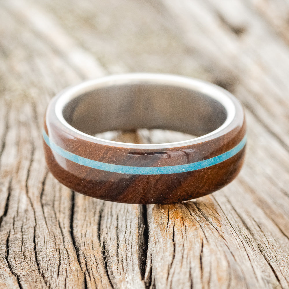 "Remmy" - Ironwood & Turquoise Wedding Ring - Titanium - Size 6 3/4