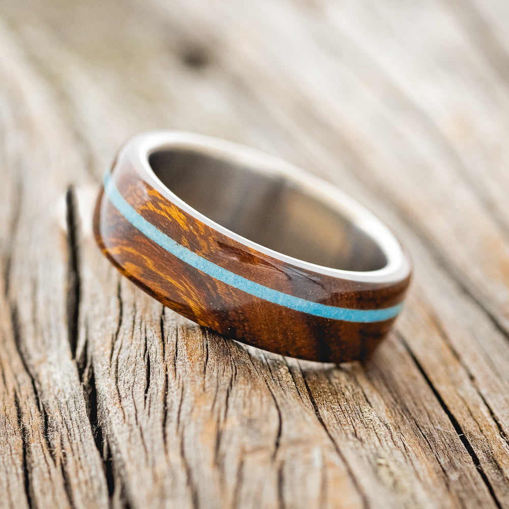 "Remmy" - Ironwood & Turquoise Wedding Ring - Titanium - Size 6 3/4
