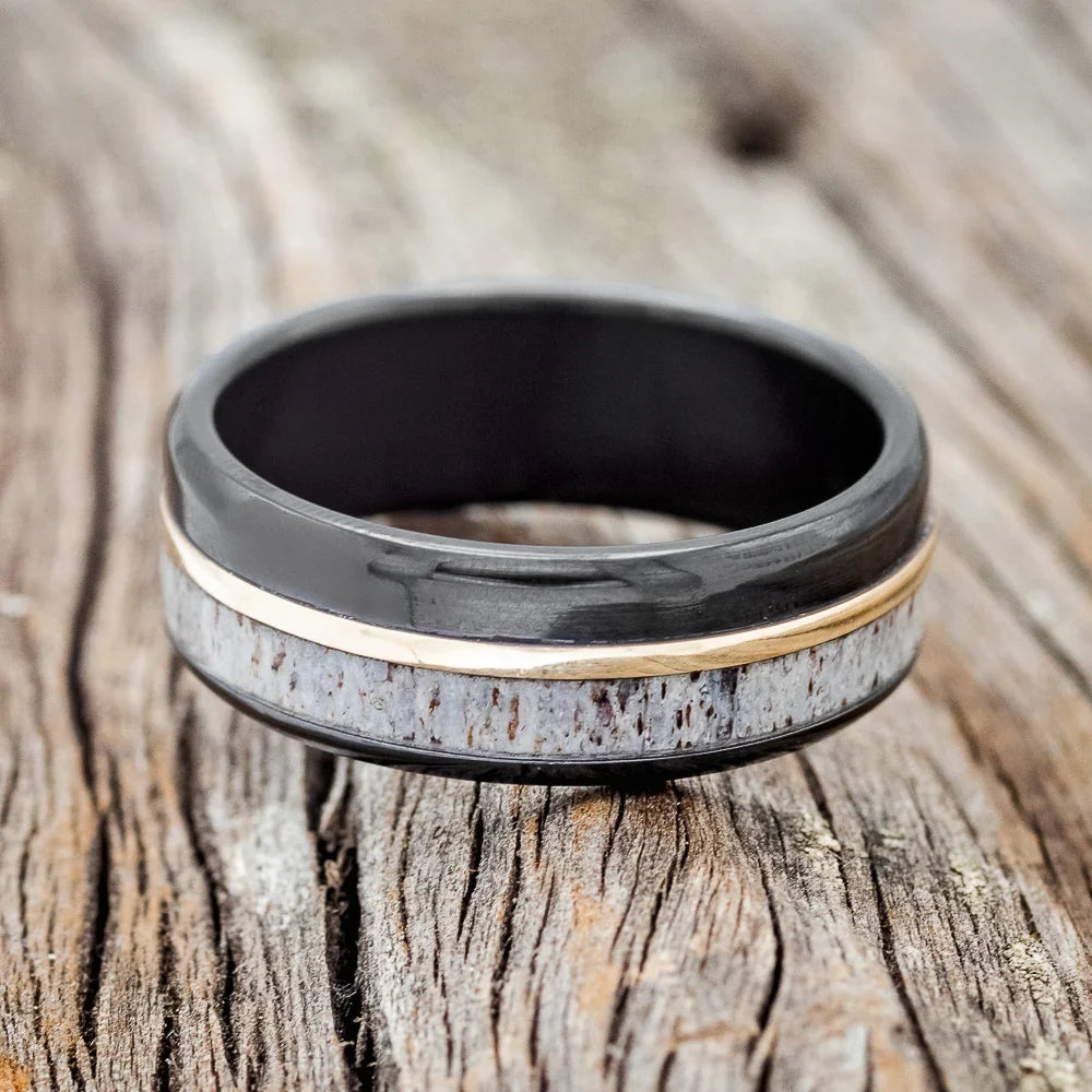 "Tanner" - Antler & 14K Yellow Gold Inlay Wedding Ring With A Polished Finish - Black Zirconium (8mm) - Size 9