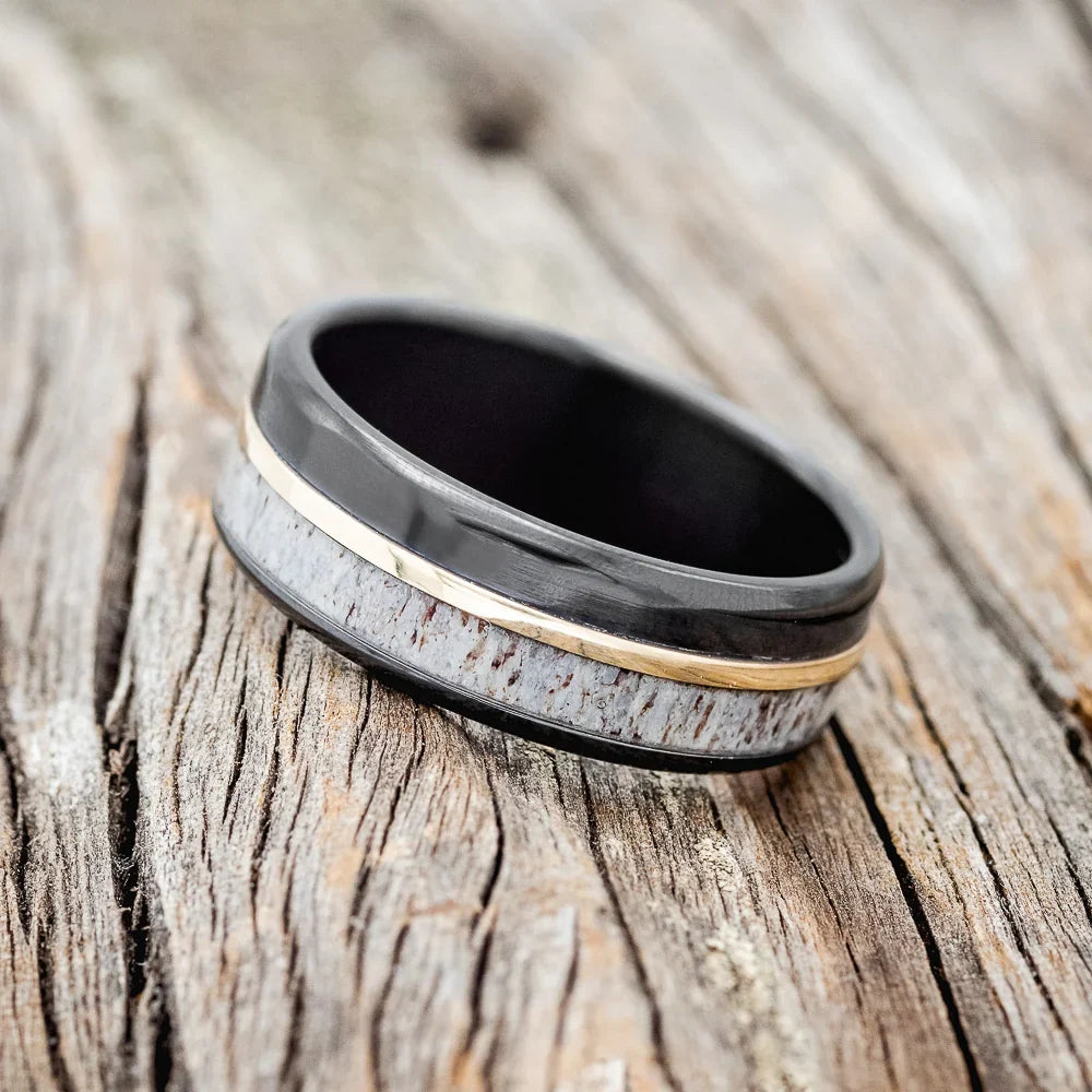 "Tanner" - Antler & 14K Yellow Gold Inlay Wedding Ring With A Polished Finish - Black Zirconium (8mm) - Size 9