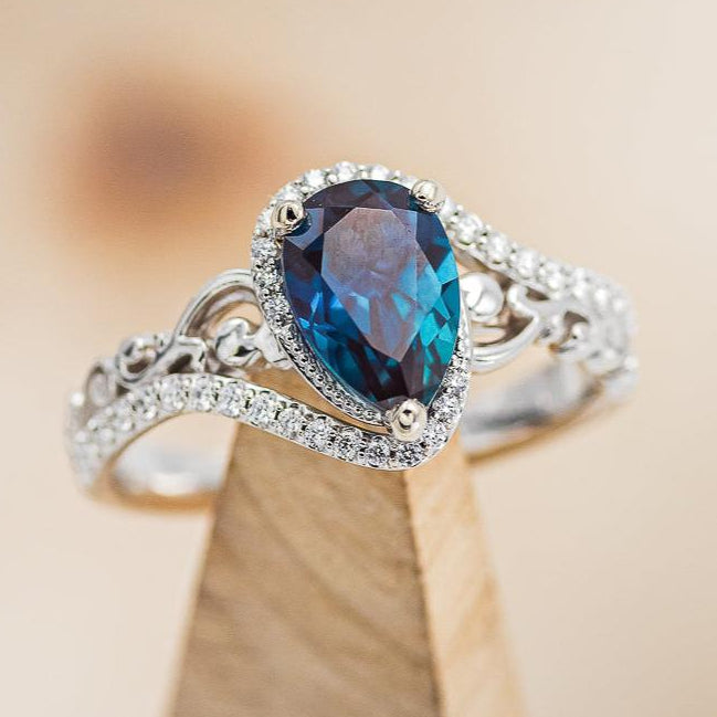 "Scarlet" - Pear Cut Lab-Grown Alexandrite Engagement Ring With Diamond Accents