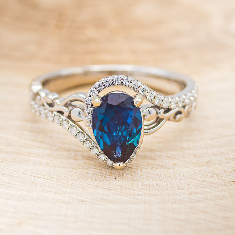 "Scarlet" - Pear Cut Lab-Grown Alexandrite Engagement Ring With Diamond Accents