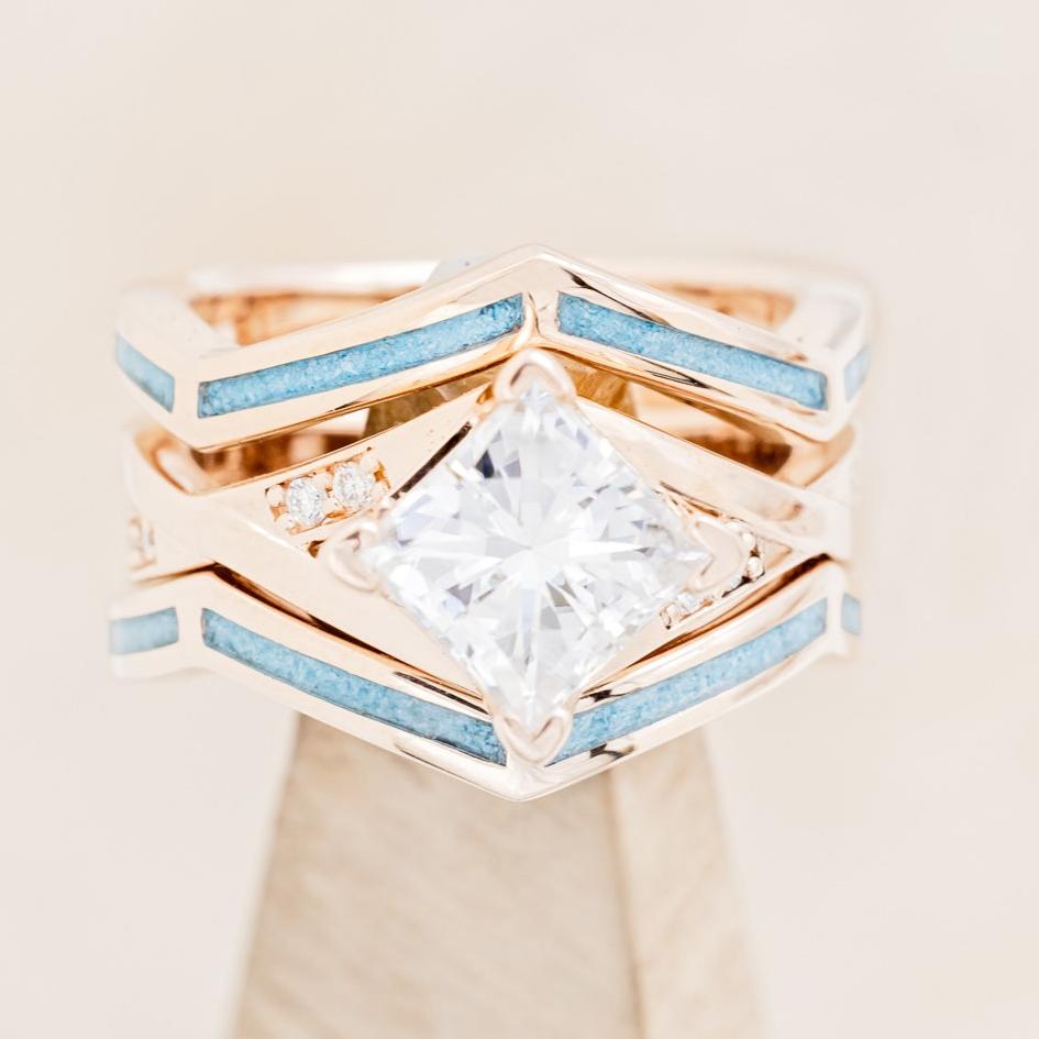 "Lina" - Princess Cut Moissanite Engagement Ring With Turquoise Ring Guard - 14K Rose Gold - Size 6 3/4