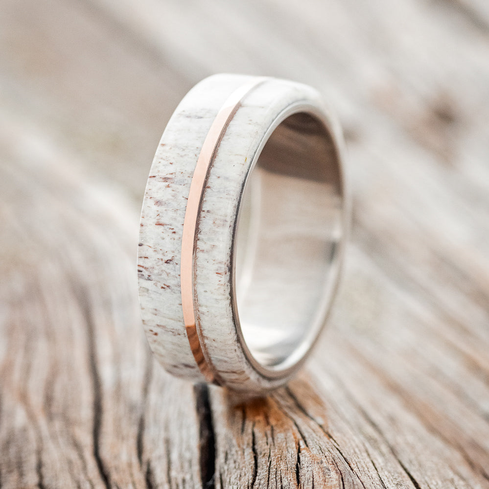 "Golden" - Elk Antler & 14K Rose Gold Inlay Wedding Band - Titanium (8mm) - Size 8 1/2