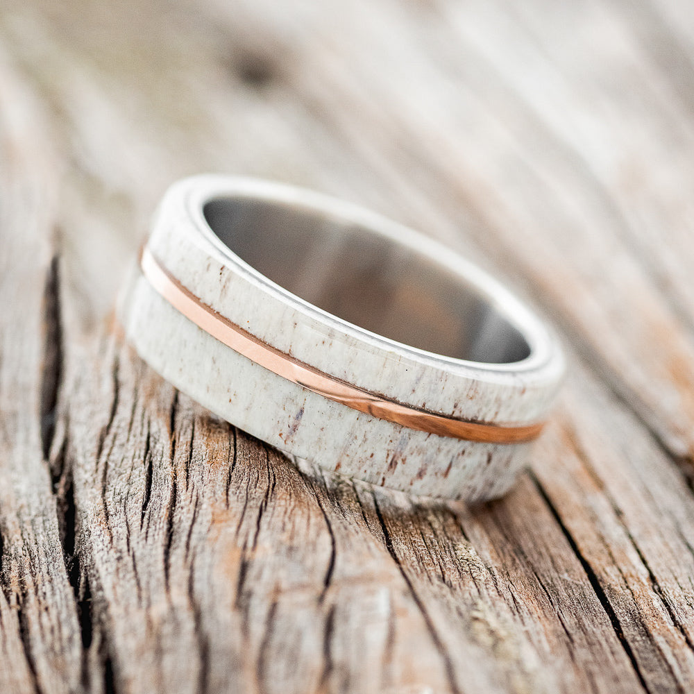 "Golden" - Elk Antler & 14K Rose Gold Inlay Wedding Band - Titanium (8mm) - Size 8 1/2