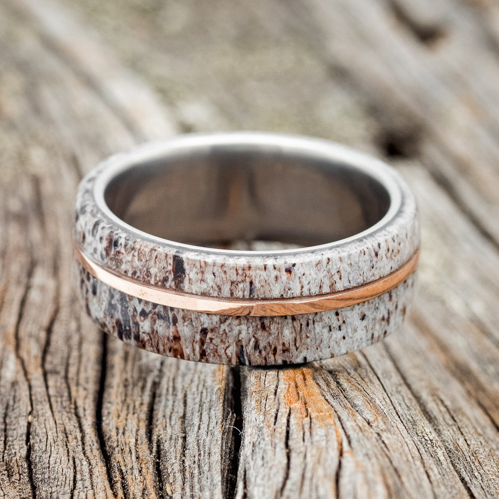 "Golden" - Elk Antler & 14K Rose Gold Inlay Wedding Band - Titanium (8mm) - Size 8 1/2