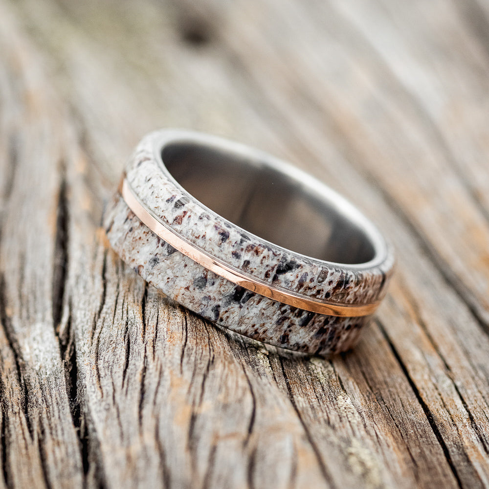 "Golden" - Elk Antler & 14K Rose Gold Inlay Wedding Band - Titanium (8mm) - Size 8 1/2