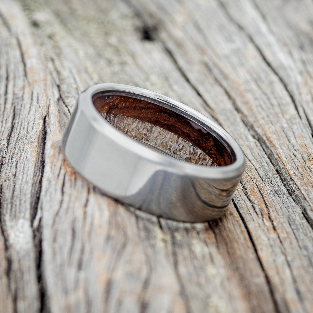 "Hyperion" - Antler and Wood Lined Wedding Band - Titanium (8mm) - Size 8