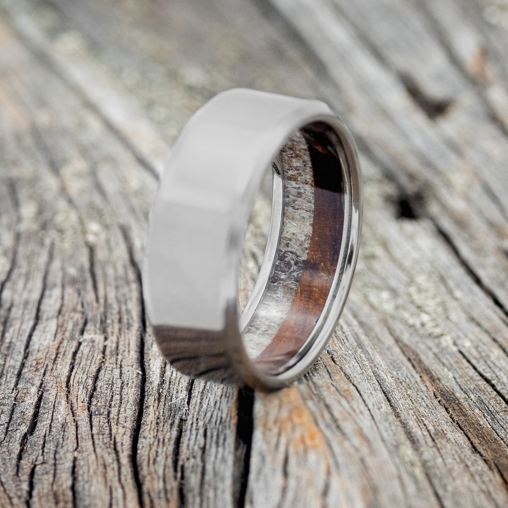 "Hyperion" - Antler and Wood Lined Wedding Band - Titanium (8mm) - Size 8