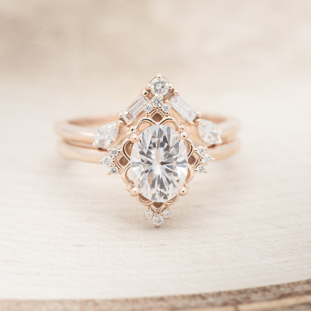 "Treva" - Oval Moissanite Engagement Ring With Diamond Accents & "Melody" Tracer