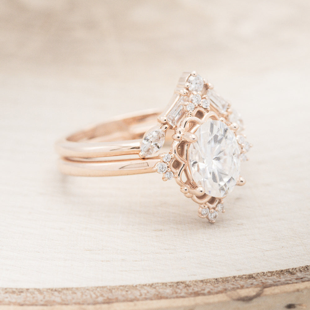 "Treva" - Oval Moissanite Engagement Ring With Diamond Accents & "Melody" Tracer