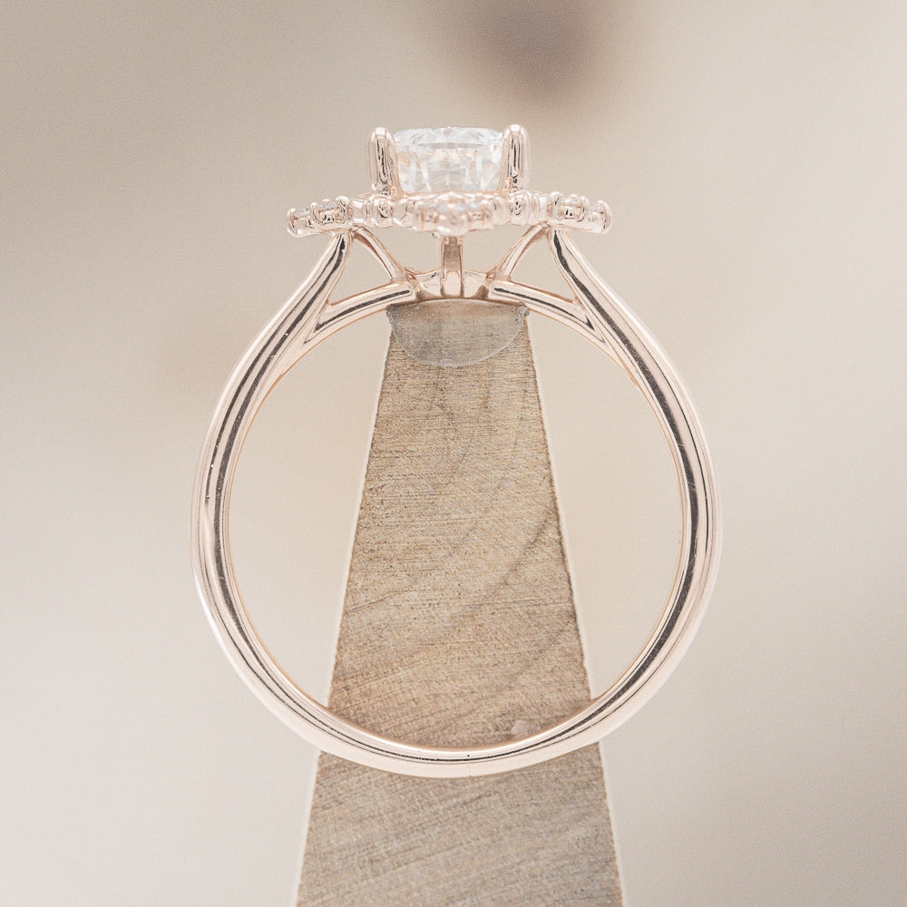 "Treva" - Oval Moissanite Engagement Ring With Diamond Accents & "Melody" Tracer