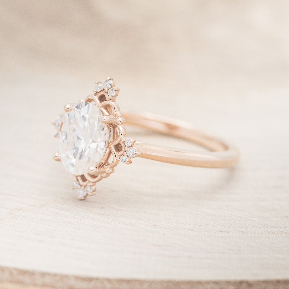 "Treva" - Oval Moissanite Engagement Ring With Diamond Accents & "Melody" Tracer