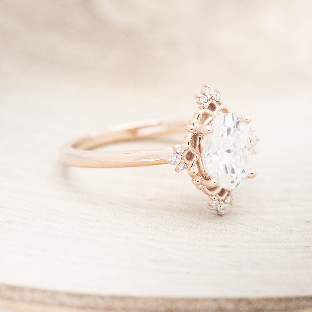 "Treva" - Oval Moissanite Engagement Ring With Diamond Accents & "Melody" Tracer
