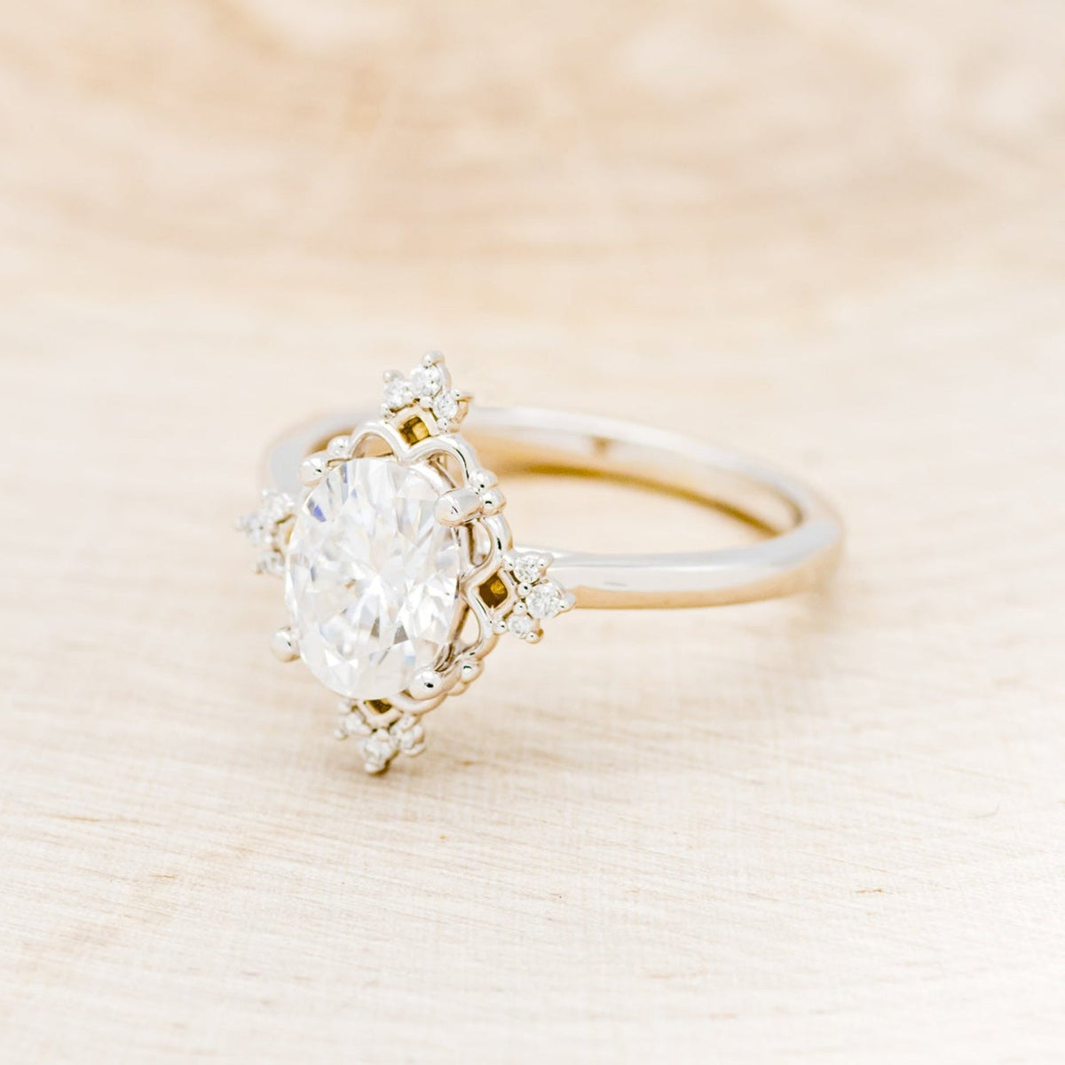 "Treva" - Oval Moissanite Engagement Ring With Diamond Accents & "Melody" Tracer