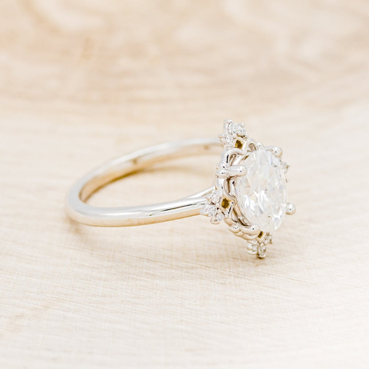 "Treva" - Oval Moissanite Engagement Ring With Diamond Accents & "Melody" Tracer
