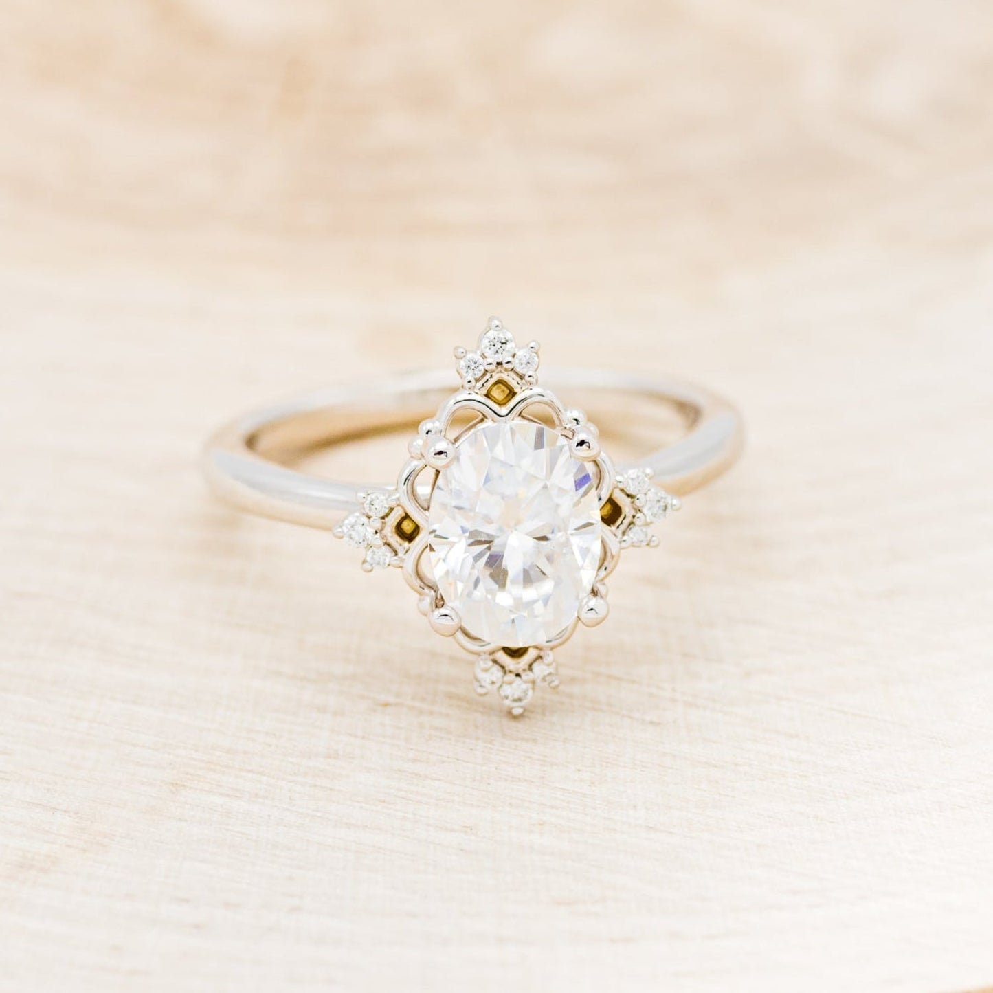 "Treva" - Oval Moissanite Engagement Ring With Diamond Accents & "Melody" Tracer