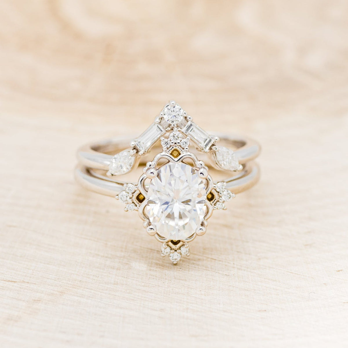 "Treva" - Oval Moissanite Engagement Ring With Diamond Accents & "Melody" Tracer
